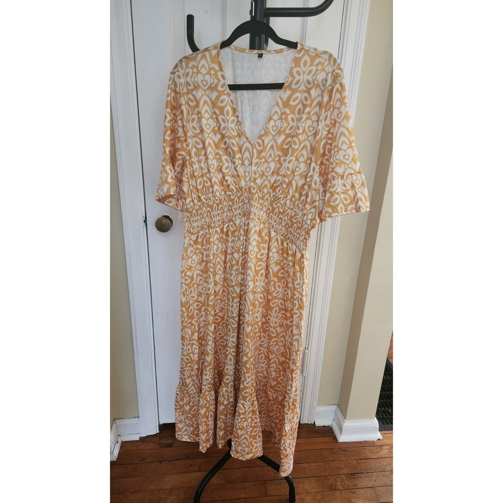Boho Style Yellow White Maxi Dress Women's 2XL Strech 50 In Long